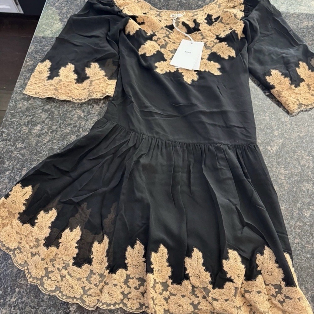 Bode Marisel Dress Black Natural Lace Applique Mini Drop Waist WRS25DR022 XS New - Picture 3 of 10